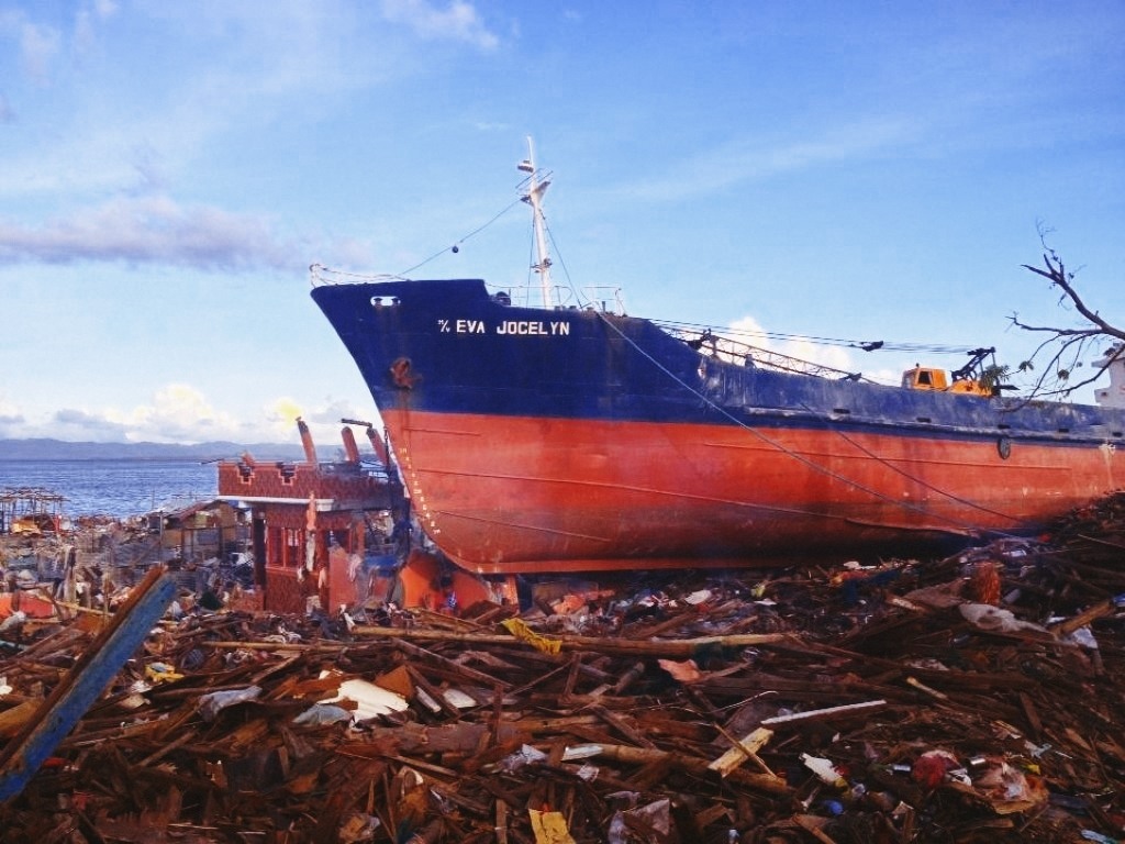 wrecked ship in tacloban city after typhoon yolanda